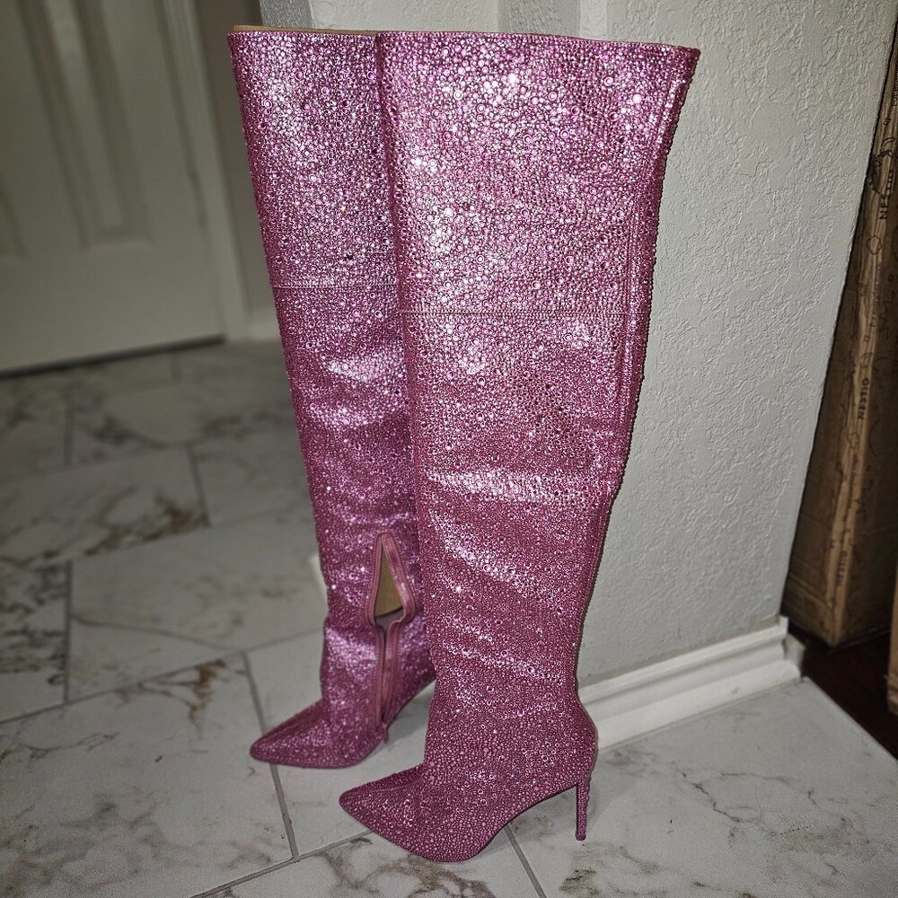 Steve Madden Vivienne Pink Rhinestone OTK Boots - Picture 2 of 8